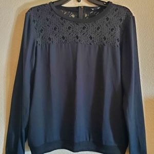 Ann Taylor, S Small, Black Dress Blouse, Long Sleeve, Lace Detail, New Condition